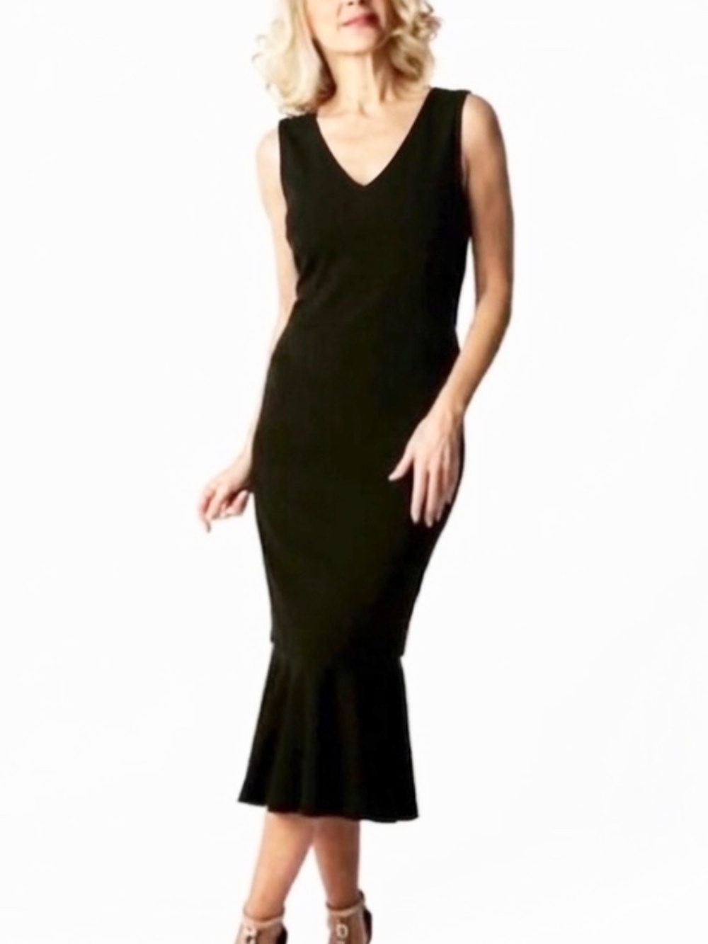 Brian Bailey Black Knit V-Neck Trumpet Dress Scalloped Flounce Hem